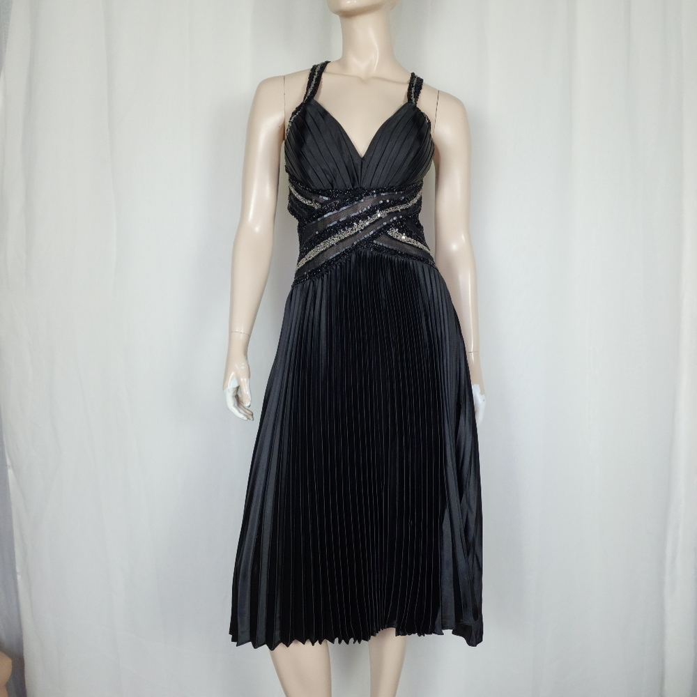 Black Pleated Dress Strappy Beaded Sequin Bodice